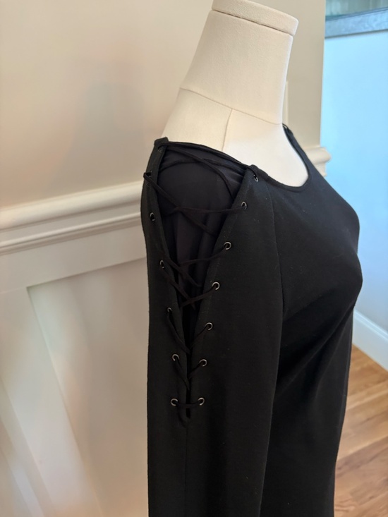 Jay Godfrey Black Bodycon Dress Lace Up Sleeve Gold Zip Back Size 4 Cocktail